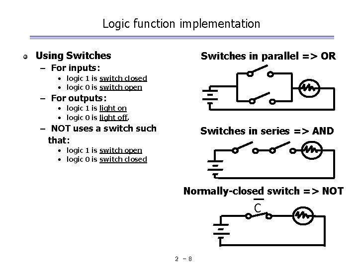 Logic function implementation Using Switches in parallel => OR – For inputs: • logic Logic function implementation Using Switches in parallel => OR – For inputs: • logic