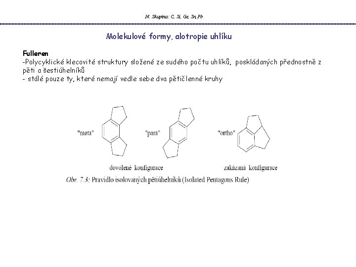 14. Skupina: C, Si, Ge, Sn, Pb Molekulové formy, alotropie uhlíku Fulleren -Polycyklické klecovité