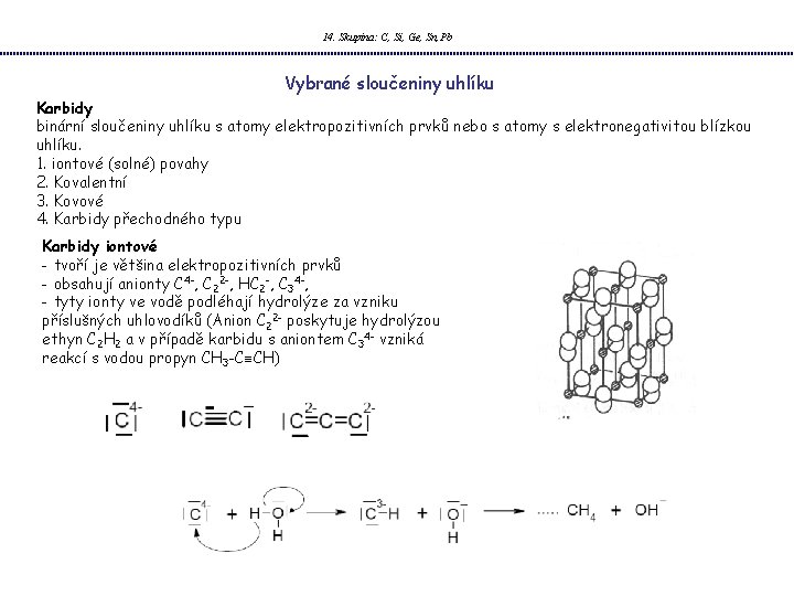 14. Skupina: C, Si, Ge, Sn, Pb Vybrané sloučeniny uhlíku Karbidy binární sloučeniny uhlíku