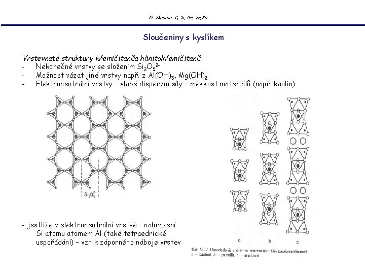 14. Skupina: C, Si, Ge, Sn, Pb Sloučeniny s kyslíkem Vrstevnaté struktury křemičitanůa hlinitokřemičitanů