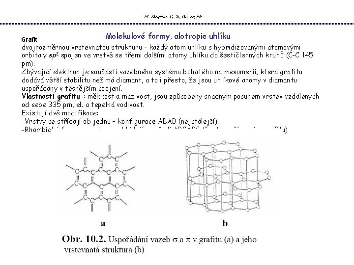 14. Skupina: C, Si, Ge, Sn, Pb Grafit Molekulové formy, alotropie uhlíku dvojrozměrnou vrstevnatou