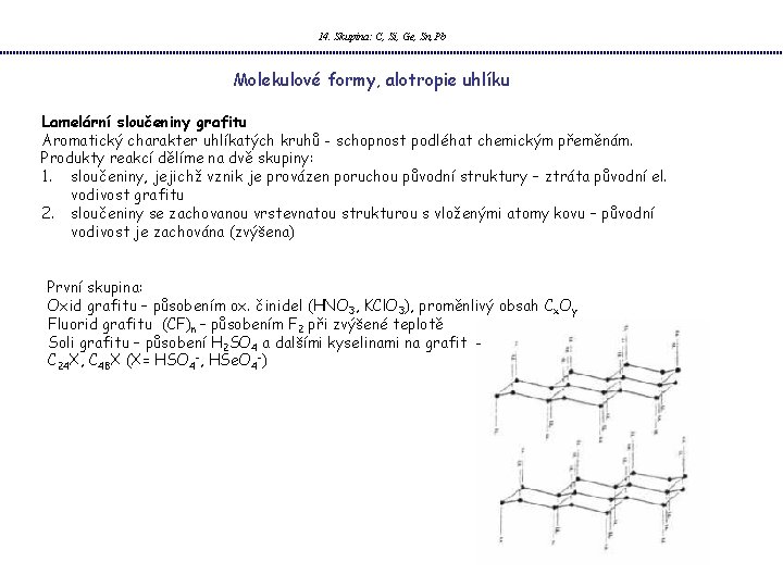 14. Skupina: C, Si, Ge, Sn, Pb Molekulové formy, alotropie uhlíku Lamelární sloučeniny grafitu