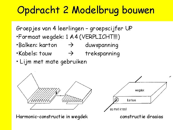 Opdracht 2 Modelbrug bouwen Groepjes van 4 leerlingen – groepscijfer UP • Formaat wegdek: