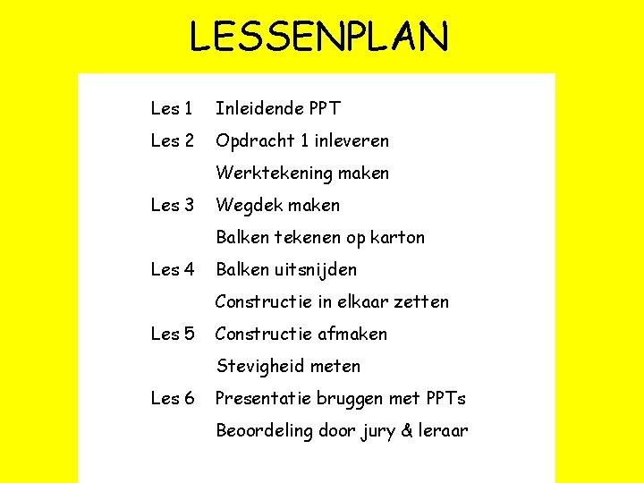 LESSENPLAN Les 1 Inleidende PPT Les 2 Opdracht 1 inleveren Werktekening maken Les 3