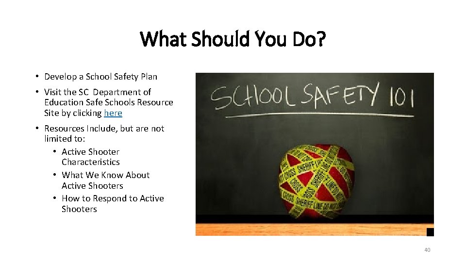 What Should You Do? • Develop a School Safety Plan • Visit the SC