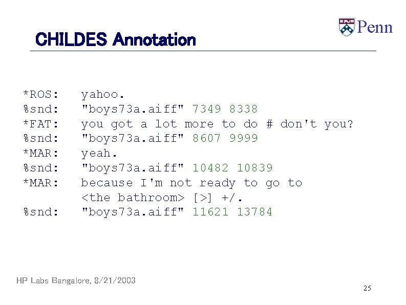 CHILDES Annotation *ROS: %snd: *FAT: %snd: *MAR: %snd: Penn yahoo. "boys 73 a. aiff"