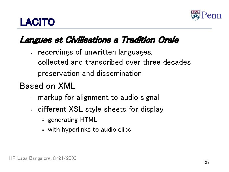 LACITO Penn Langues et Civilisations a Tradition Orale - - recordings of unwritten languages,