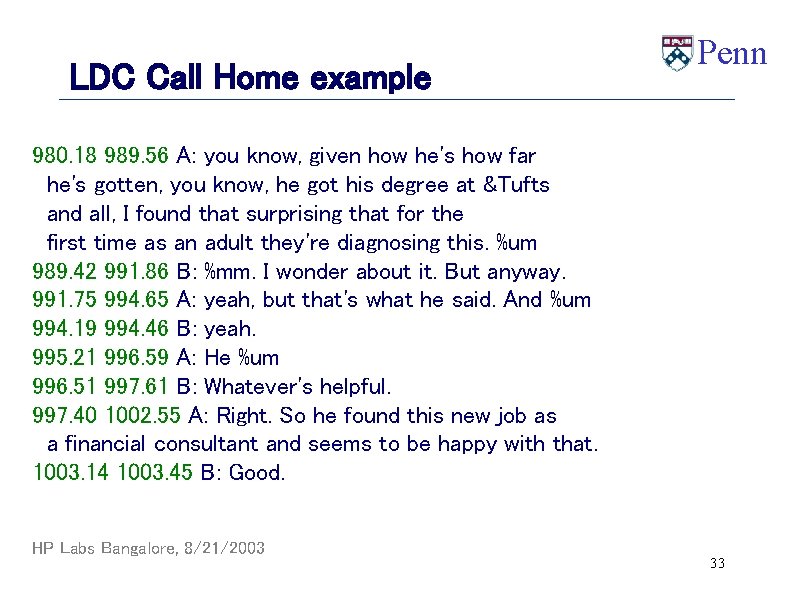 LDC Call Home example Penn 980. 18 989. 56 A: you know, given how