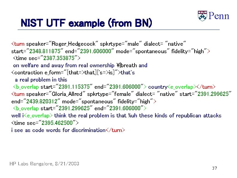NIST UTF example (from BN) Penn <turn speaker="Roger_Hedgecock" spkrtype="male" dialect= "native" start="2348. 811875" end="2391.