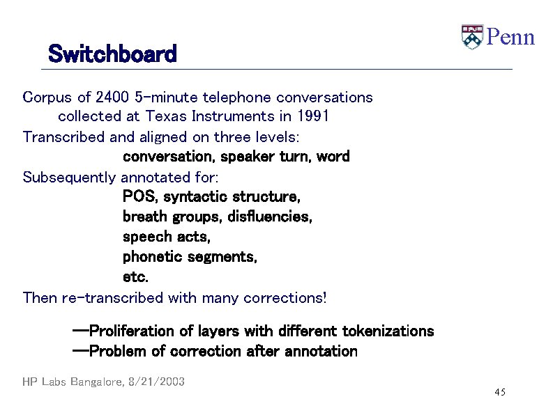 Switchboard Penn Corpus of 2400 5 -minute telephone conversations collected at Texas Instruments in