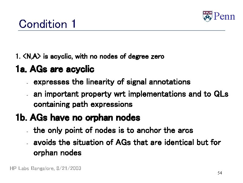 Condition 1 Penn 1. <N, A> is acyclic, with no nodes of degree zero