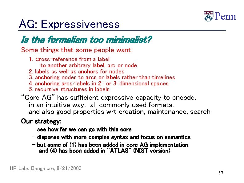 AG: Expressiveness Penn Is the formalism too minimalist? Some things that some people want: