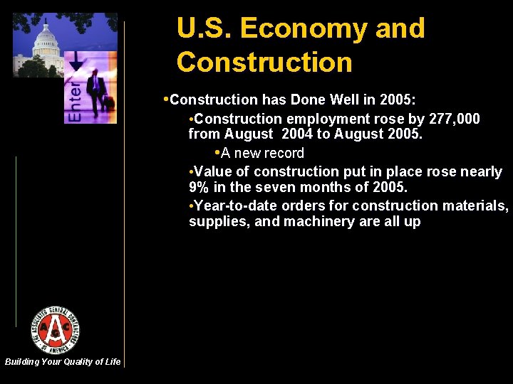 U. S. Economy and Construction • Construction has Done Well in 2005: • Construction