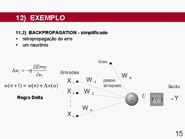 12) EXEMPLO 11. 2) BACKPROPAGATION - simplificado § retropropagação do erro § um neurônio