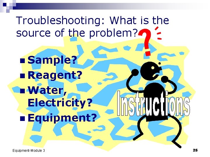 Troubleshooting: What is the source of the problem? n Sample? n Reagent? n Water,
