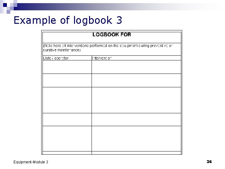 Example of logbook 3 Equipment-Module 3 36 