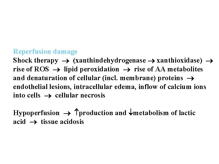 Reperfusion damage Shock therapy (xanthindehydrogenase xanthioxidase) rise of ROS lipid peroxidation rise of AA Reperfusion damage Shock therapy (xanthindehydrogenase xanthioxidase) rise of ROS lipid peroxidation rise of AA