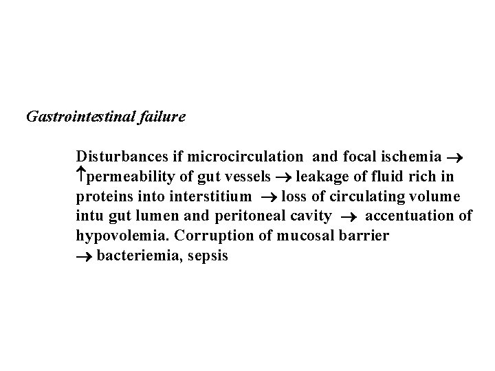 Gastrointestinal failure Disturbances if microcirculation and focal ischemia permeability of gut vessels leakage of Gastrointestinal failure Disturbances if microcirculation and focal ischemia permeability of gut vessels leakage of