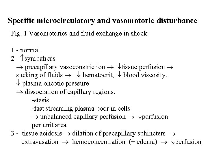 Specific microcirculatory and vasomotoric disturbance Fig. 1 Vasomotorics and fluid exchange in shock: 1 Specific microcirculatory and vasomotoric disturbance Fig. 1 Vasomotorics and fluid exchange in shock: 1