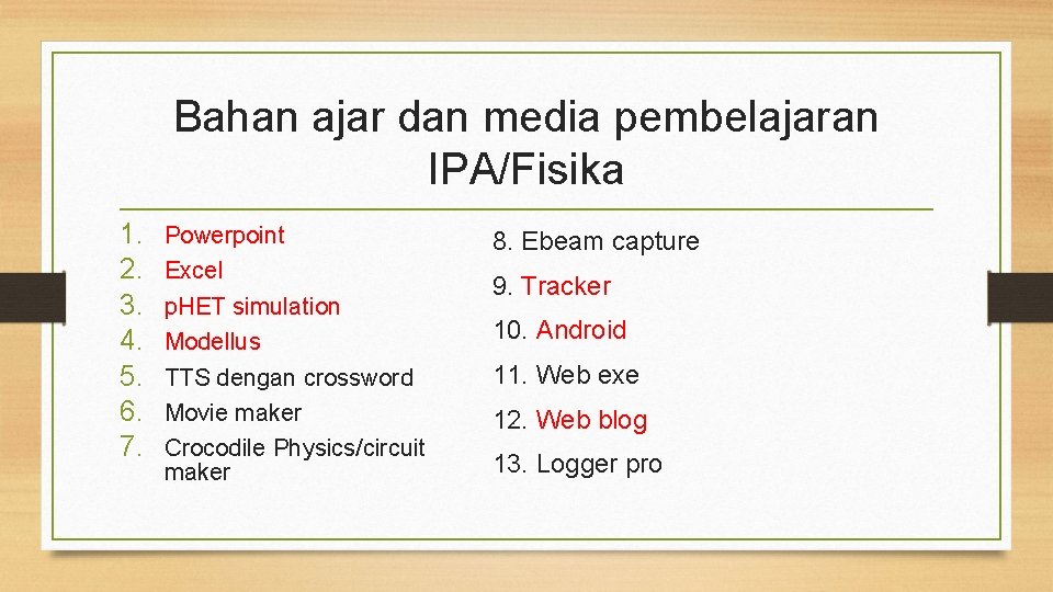 Bahan ajar dan media pembelajaran IPA/Fisika 1. 2. 3. 4. 5. 6. 7. Powerpoint