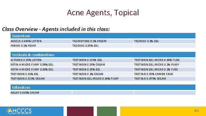 Acne Agents, Topical Class Overview - Agents included in this class: tazarotene ARAZLO 0.