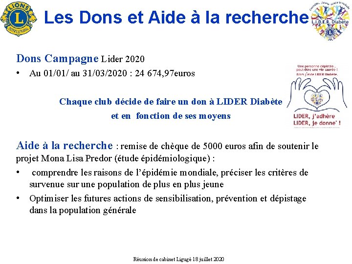 Les Dons et Aide à la recherche Dons Campagne Lider 2020 • Au 01/01/