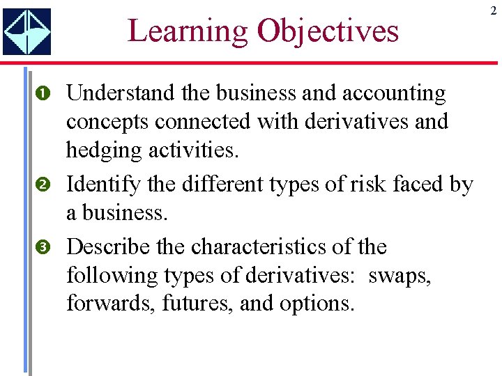 Learning Objectives Understand the business and accounting concepts connected with derivatives and hedging activities.