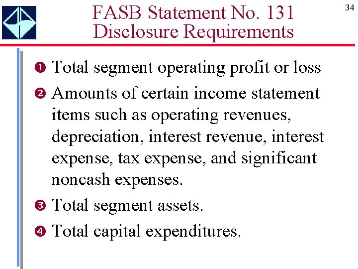 FASB Statement No. 131 Disclosure Requirements Total segment operating profit or loss Amounts of