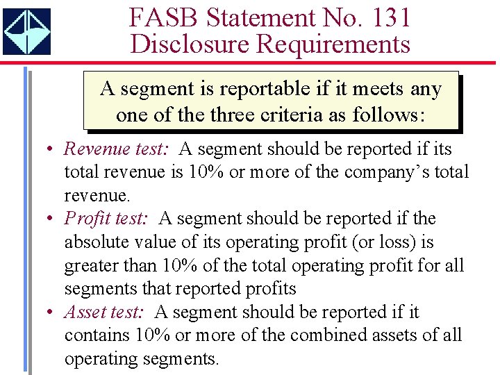 FASB Statement No. 131 Disclosure Requirements A segment is reportable if it meets any