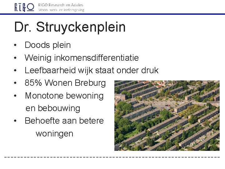Dr. Struyckenplein • • • Doods plein Weinig inkomensdifferentiatie Leefbaarheid wijk staat onder druk