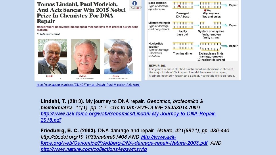 http: //cen. acs. org/articles/93/i 40/Tomas-Lindahl-Paul-Modrich-Aziz. html Lindahl, T. (2013). My journey to DNA repair.