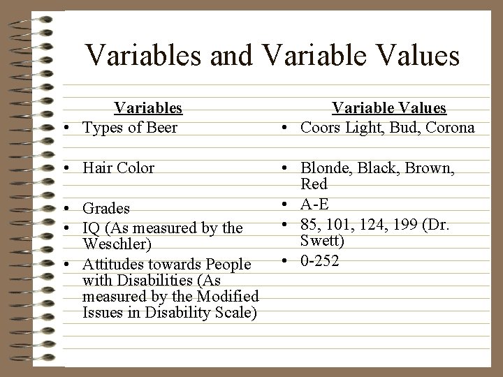 Variables and Variable Values Variables • Types of Beer Variable Values • Coors Light,