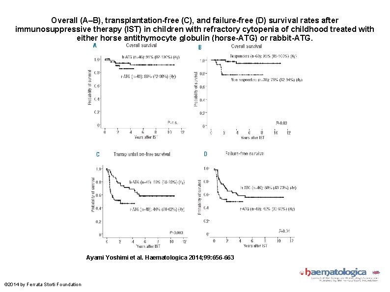 Overall (A–B), transplantation-free (C), and failure-free (D) survival rates after immunosuppressive therapy (IST) in