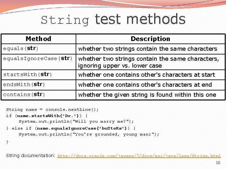 String test methods Method equals(str) Description whether two strings contain the same characters equals.
