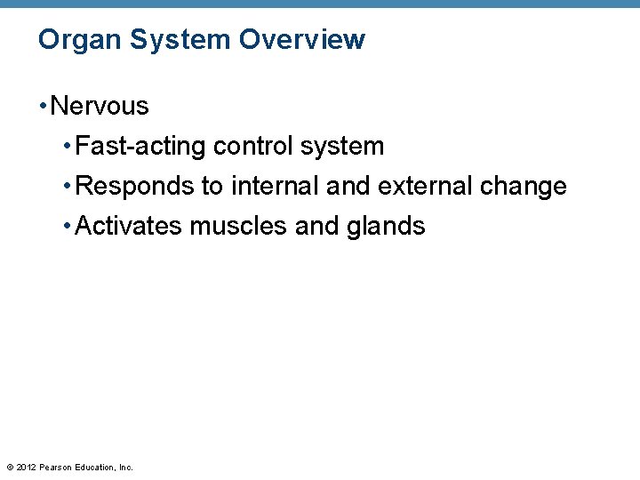 Organ System Overview • Nervous • Fast-acting control system • Responds to internal and