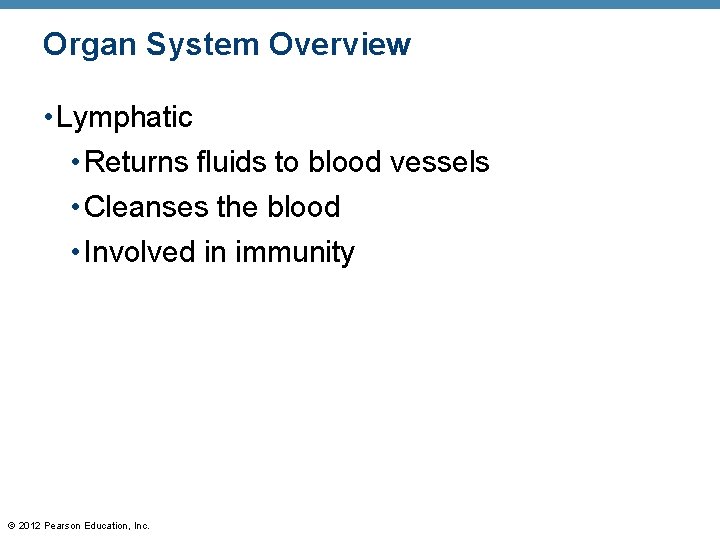 Organ System Overview • Lymphatic • Returns fluids to blood vessels • Cleanses the