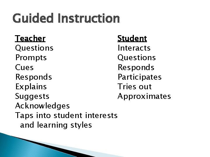 Guided Instruction Teacher Student Questions Interacts Prompts Questions Cues Responds Participates Explains Tries out