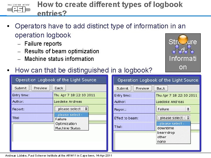 How to create different types of logbook entries? • Operators have to add distinct