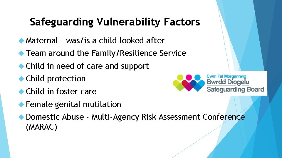 Safeguarding Vulnerability Factors Maternal – was/is a child looked after Team around the Family/Resilience