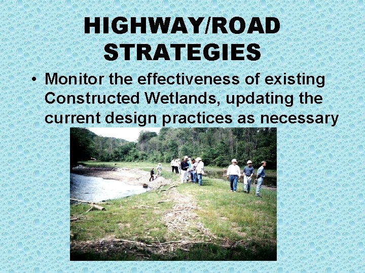 HIGHWAY/ROAD STRATEGIES • Monitor the effectiveness of existing Constructed Wetlands, updating the current design