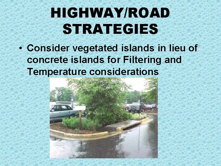 HIGHWAY/ROAD STRATEGIES • Consider vegetated islands in lieu of concrete islands for Filtering and