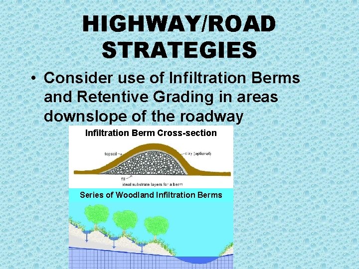 HIGHWAY/ROAD STRATEGIES • Consider use of Infiltration Berms and Retentive Grading in areas downslope