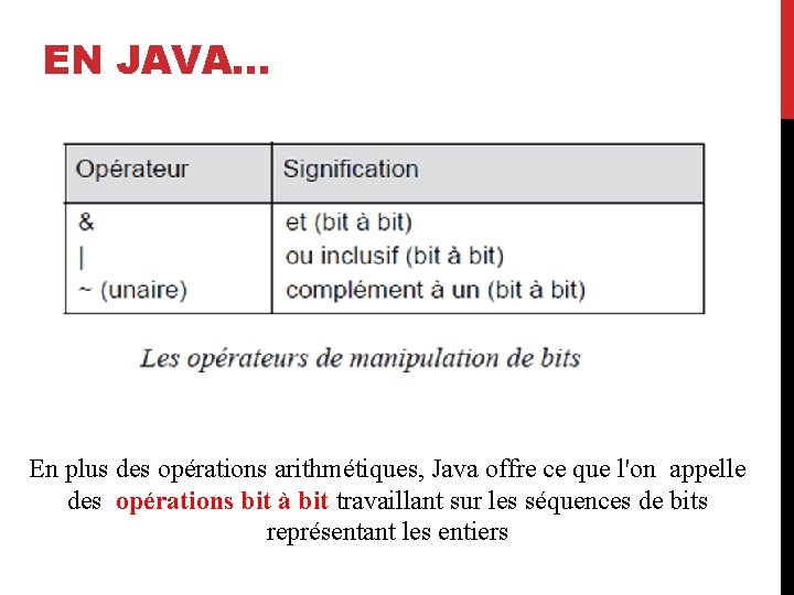 EN JAVA… En plus des opérations arithmétiques, Java offre ce que l'on appelle des