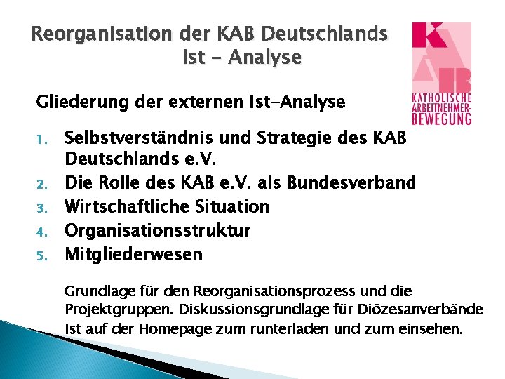 Reorganisation der KAB Deutschlands Ist - Analyse Gliederung der externen Ist-Analyse 1. 2. 3.