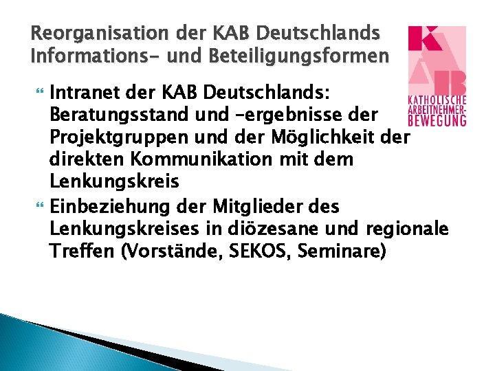 Reorganisation der KAB Deutschlands Informations- und Beteiligungsformen Intranet der KAB Deutschlands: Beratungsstand und –ergebnisse