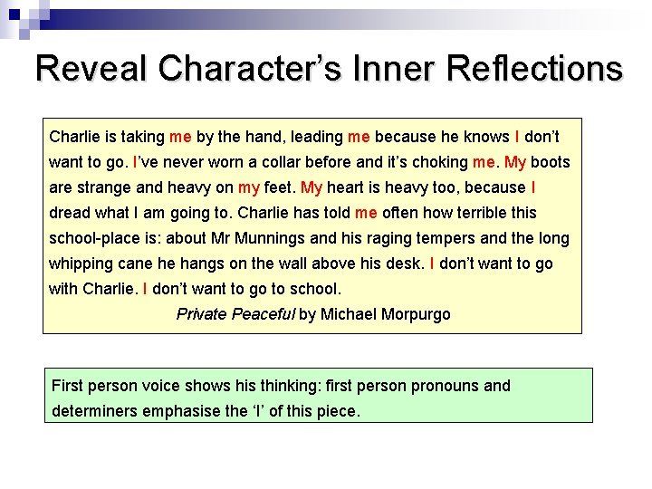 Reveal Character’s Inner Reflections Charlie is taking me by the hand, leading me because