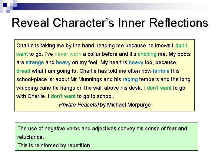 Reveal Character’s Inner Reflections Charlie is taking me by the hand, leading me because