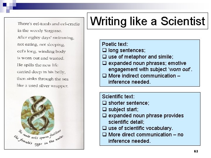 Writing like a Scientist Poetic text: q long sentences; q use of metaphor and