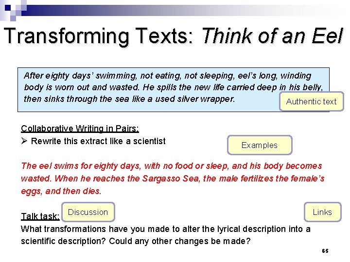 Transforming Texts: Think of an Eel After eighty days’ swimming, not eating, not sleeping,