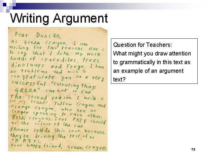 Writing Argument Question for Teachers: What might you draw attention to grammatically in this